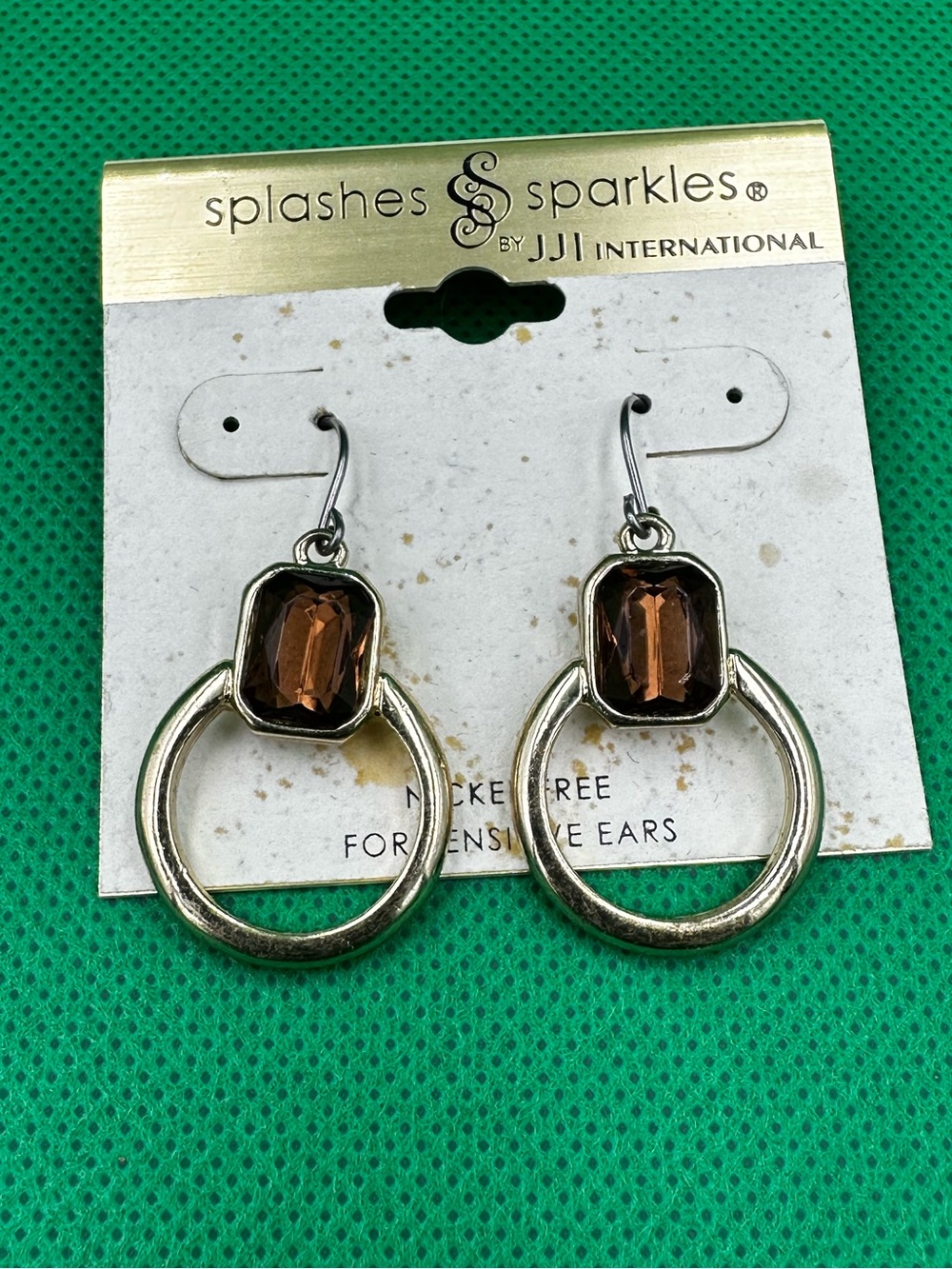 Rectangular Brown Faceted Rhinestone Hoop Drop Earrings